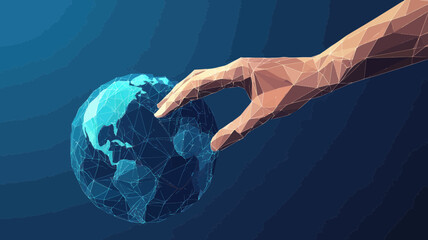 Poster - hand touching low poly earth in minimalist flat graphical style representing global connection, tech