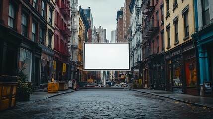 A white billboard placed in a historic district, surrounded by old buildings and cobblestone streets, showcasing a blend of old and new. 