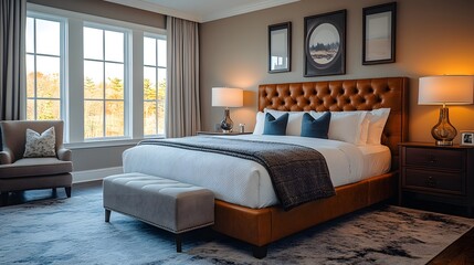 Elegant hotel room with a large bed and sophisticated decor elements