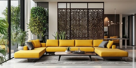 Canvas Print - modern open plan room with luxury yellow soft sofa and elegant wooden partition with intricate carving 