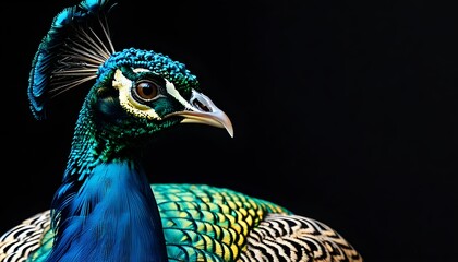 Stunning close-up of vibrant blue and gold peacock feathers highlighting intricate patterns against a dramatic black background