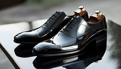 Wall Mural - Elegant black leather formal shoes with a reflective finish, embodying modern fashion and sophistication for professional attire.