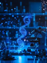 Aufkleber - Blue DNA Strand with Microscope in Laboratory Setting
