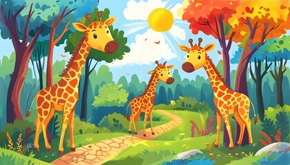 Wall Mural - Whimsical giraffe wanderer in a vibrant woodland filled with cheerful trees and a serene winding path under the sunny sky