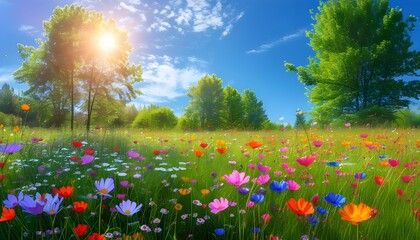 Wall Mural - Vibrant meadow filled with colorful flowers and lush green trees beneath a bright blue sky, embodying the essence of spring and summer nature.