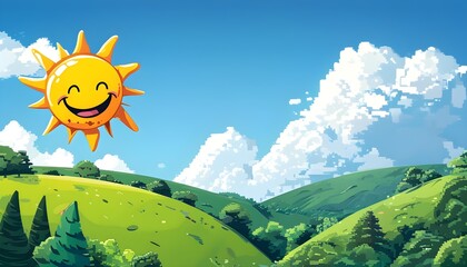 Joyful cartoon scenery featuring vibrant hills, friendly trees, a beaming sun, and fluffy clouds against a clear blue sky