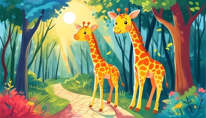 Wall Mural - Whimsical giraffe wanderer in a vibrant woodland filled with cheerful trees and a serene winding path under the sunny sky