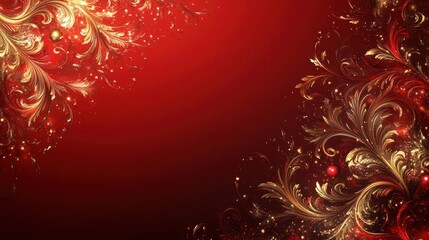 Wall Mural - festive red christmas background elegant swirls and ornaments gold accents luxurious texture invitation or greeting card design