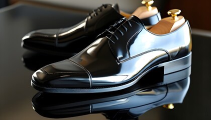 Elegant black leather formal shoes with a reflective finish, embodying modern fashion and sophistication for professional attire.