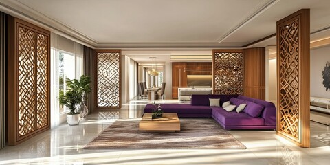 Canvas Print - modern open plan room with luxury purple soft sofa and elegant wooden partition with intricate carving 