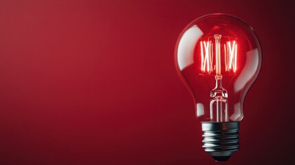 Detailed close-up of a red light bulb glowing with visible filament, revealing the intricate elements of its design against the deep red background, invoking sophistication.