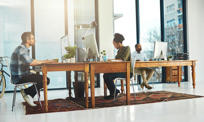 Poster - Team, computer or typing in office for creativity, market research or storytelling at creative agency. People, diversity or technology at table for SEO, brainstorming or proofreading article in city
