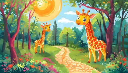 Wall Mural - Whimsical giraffe wanderer in a vibrant woodland filled with cheerful trees and a serene winding path under the sunny sky