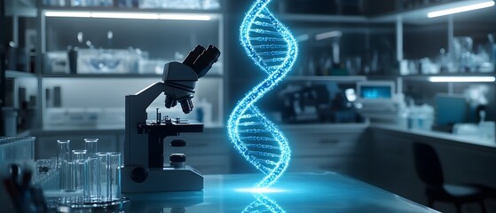 Poster - Modern Laboratory with DNA Helix and Microscope