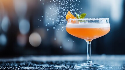 An elegantly presented orange cocktail is garnished with a fresh citrus slice and mint leaf, with powdered sugar being sprinkled on top, capturing a vibrant, refreshing essence.