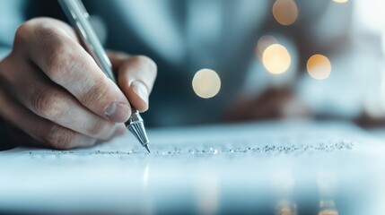 A close-up image of a hand holding a metallic pen, poised to write on a sheet of paper, representing communication, creativity, and the traditional skill of handwriting.