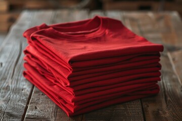 Wall Mural - A collection of red shirts stacked neatly on a wooden table