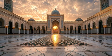 Wall Mural - A stunning courtyard with intricate architecture and a sunset backdrop.