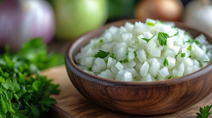 Finely diced onions paired with fresh parsley in a brown wooden bowl, perfect for recipe illustrations and food presentations, showcasing a detailed preparation stage.