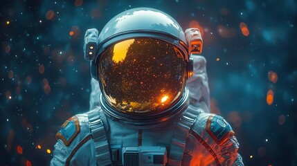futuristic astronaut in sleek spacesuit side profile view helmet reflecting cosmic wonders against s