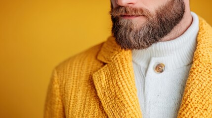 a person with a brown beard is dressed in a textured, warm knit yellow coat over a white sweater, se