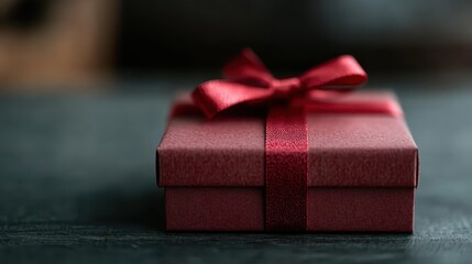 A flat, side view of a red gift box tied with a shiny ribbon bow, resting on a grey surface. The image focuses on the simplicity and elegance of the box and its ribbon.