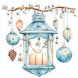 © Chanyapat - A beautiful boho Christmas lantern adorned with hanging ornaments, featuring blue and gold decorations, pine cones, and glowing candles. This charming design evokes warm, festive atmosphere