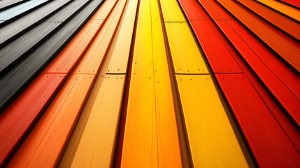 Aufkleber - Vibrant wooden planks in a rainbow of warm colors arranged diagonally during daylight
