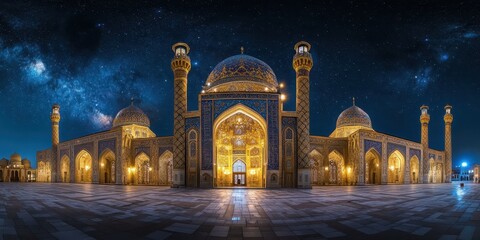 Wall Mural - A stunning night view of an intricately designed mosque under a starry sky.