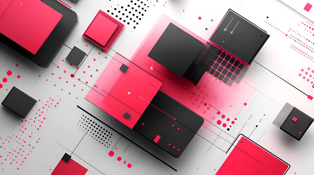 Abstract geometric design featuring vibrant red and black shapes against a light gray background with dynamic patterns