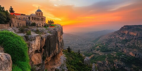 Wall Mural - A stunning sunset over a cliffside monastery, surrounded by lush valleys and mountains.