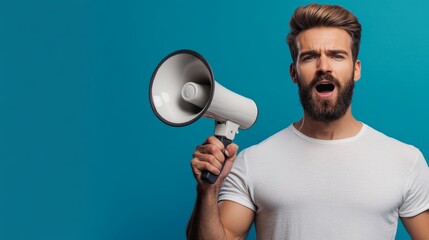 A young man with a beard shouts through a megaphone. He is wearing a white t-shirt and has a serious expression. The background is blue.