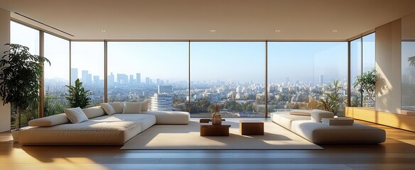 Wall Mural - modern minimalist apartment interior flooded with natural light floortoceiling windows sleek furnishings panoramic city view airy ambiance