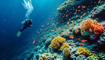 Wall Mural - Exploration of Vibrant Underwater Coral Reefs Filled with Colorful Fish and Marine Life in Thrilling Scuba Diving Adventures