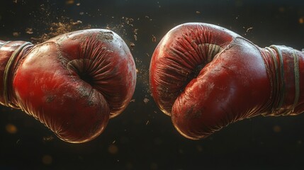 Close-up of two red boxing gloves clashing in dramatic light. Competitive sports and determination concept