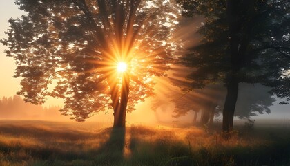 Poster - Tranquil Sunrise Over Misty Trees and Summer Fields, Capturing the Harmony of Light and Fog in Natures Morning Embrace