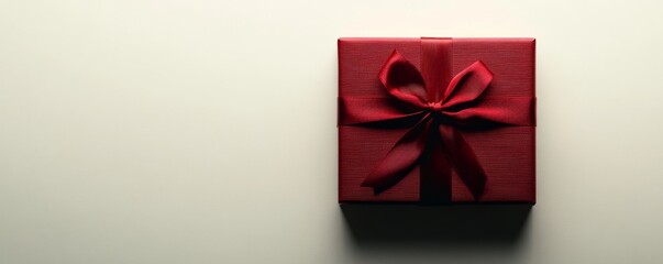 Red gift box with ribbon on beige background, minimal elegance. Holiday celebration and gift concept