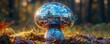 © NK - Mosaic disco ball mushroom in a forest, reflecting sunlight. Surreal art and nature fusion concept