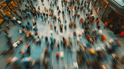 Wall Mural - A blurry aerial view of a crowded city street with people walking in different directions.