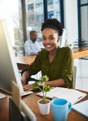 Leinwandbilder - Portrait, business and black woman with pc, smile or editing article with internet, research or publisher. Face, employee or journalist with computer, connection or website design for online magazine