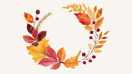 Autumn wreath with colorful leaves and berries on white background, nature and seasonal decoration concept