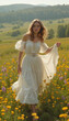 © Valentina - Dreamy woman in a flowing white dress walking through a flower field