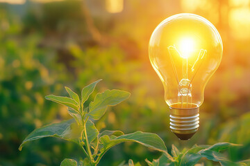 A glowing lightbulb symbolizing a bright idea for business growth, set against a vibrant green plant background, representing growth and sustainability. 