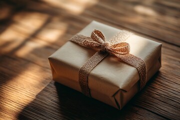 A simple gift box with a ribbon on a wooden table