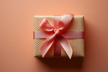 A beautifully wrapped gift box with a ribbon on a peach background