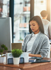 Canvas Print - Office, businesswoman and digital with computer for typing, editing and planning for story angle. Journalism, female editor and publication with ideas for research, proofreading and online article