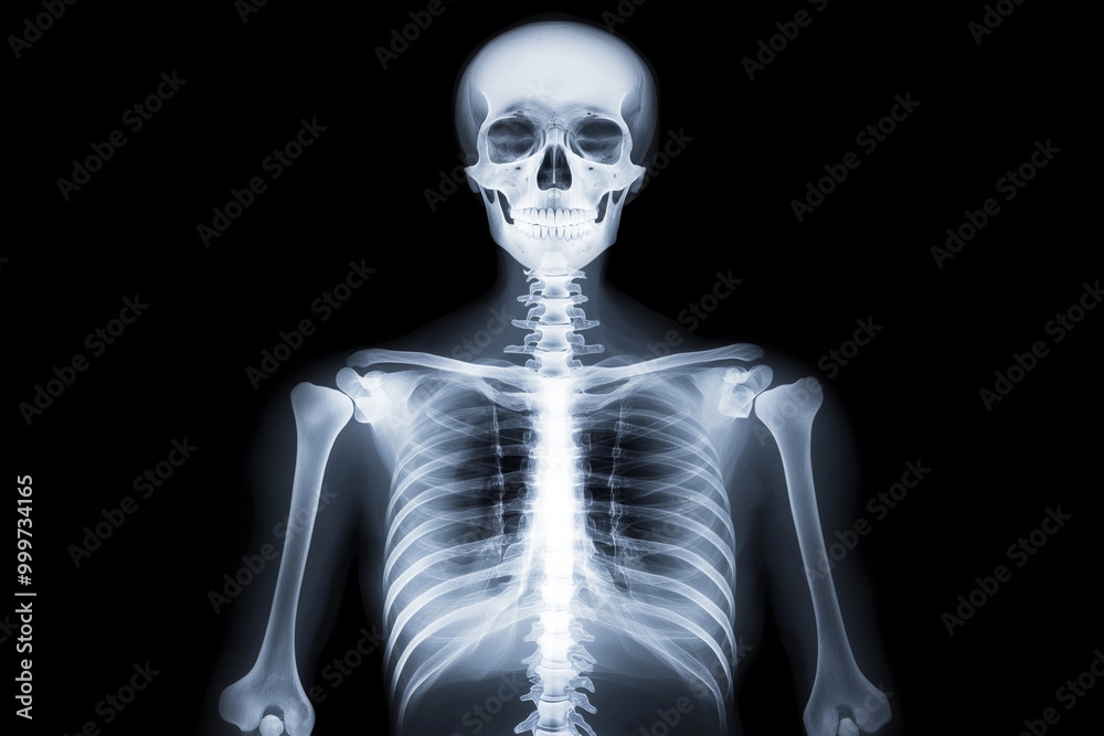 X-ray scan of a human skeleton, showing detailed bone structure with ...