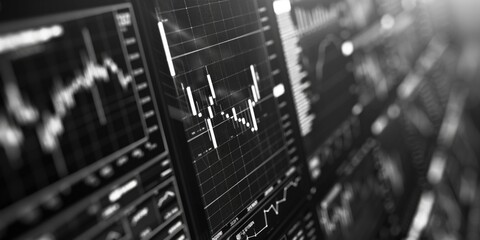 Poster - a black and white image of a financial data display, suitable for use in business or economic report