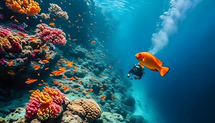 Wall Mural - Exploration of Vibrant Underwater Coral Reefs Filled with Colorful Fish and Marine Life in Thrilling Scuba Diving Adventures