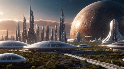 A space colony on a distant planet with futuristic domes, advanced solar panels